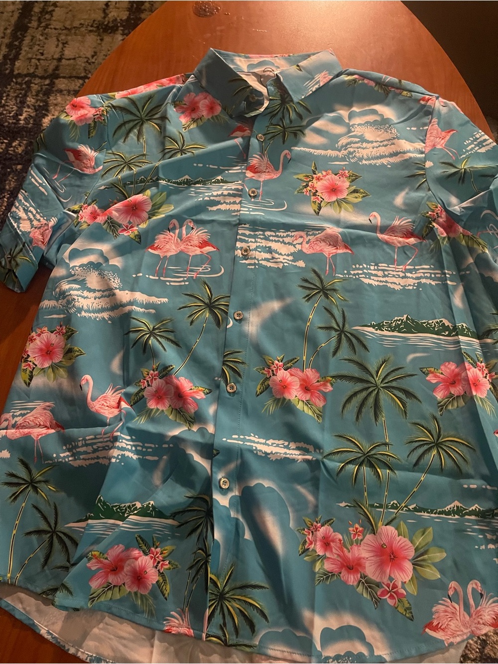 Men's Short-Sleeve Tropical Flamingo Print Shirt - Blue with Pink Accents